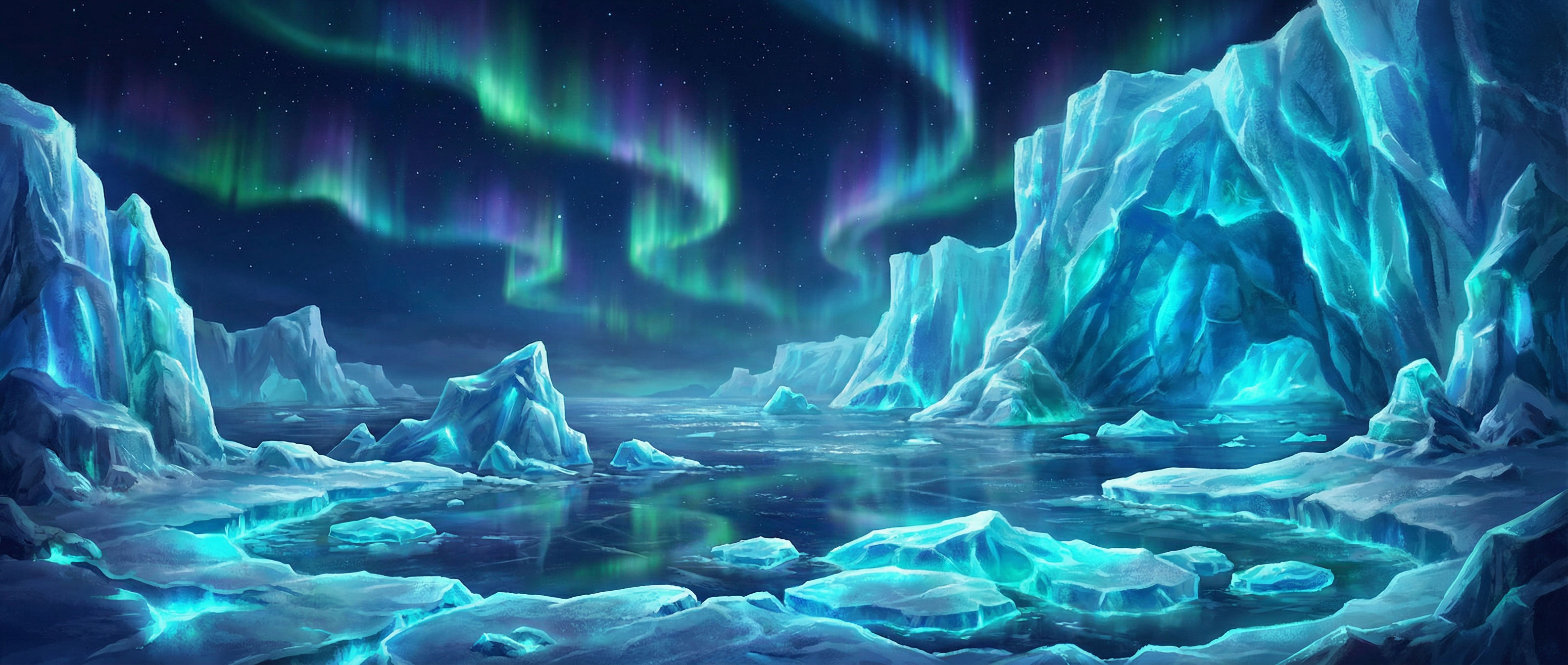 捕鱼大作战 冰川裂隙极地背景 - 极光与冰川交汇的壮丽景象
